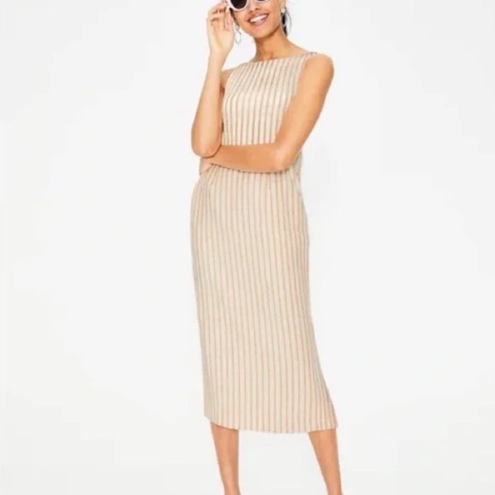 Boden Maggie Striped Linen Midi Dress Yellow Ochre 10R